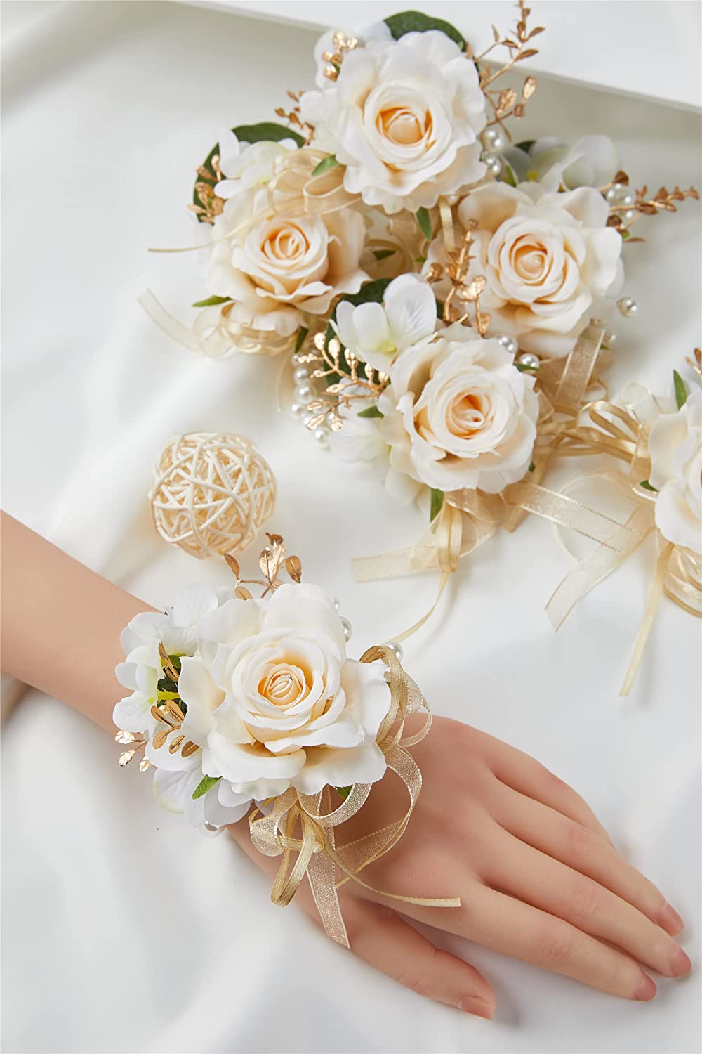 Meldel Wrist Corsage for Wedding for Mother of Bride and Groom, Set of 6  - Champagne