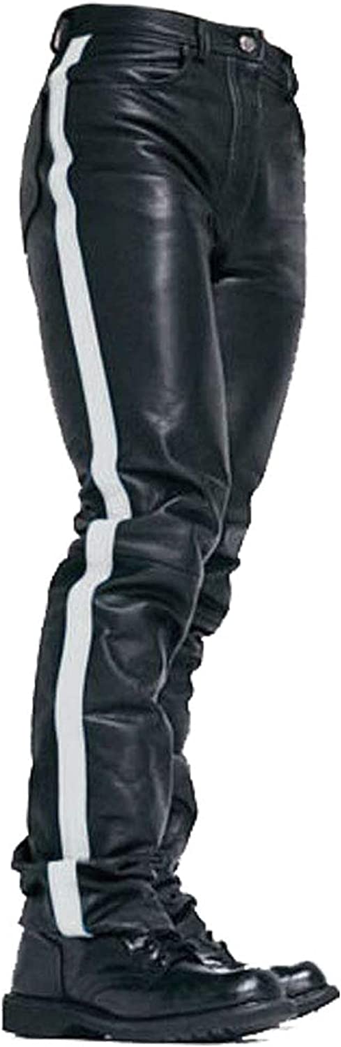 Men's Real Cowhide Leather Biker Pant Classic Casual Trousers with White Strap - Black