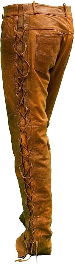 Men's Real Native American Handmade Cowboy Style Buck Skin Leather Pant Chap Mountain Men - Brown & Camel