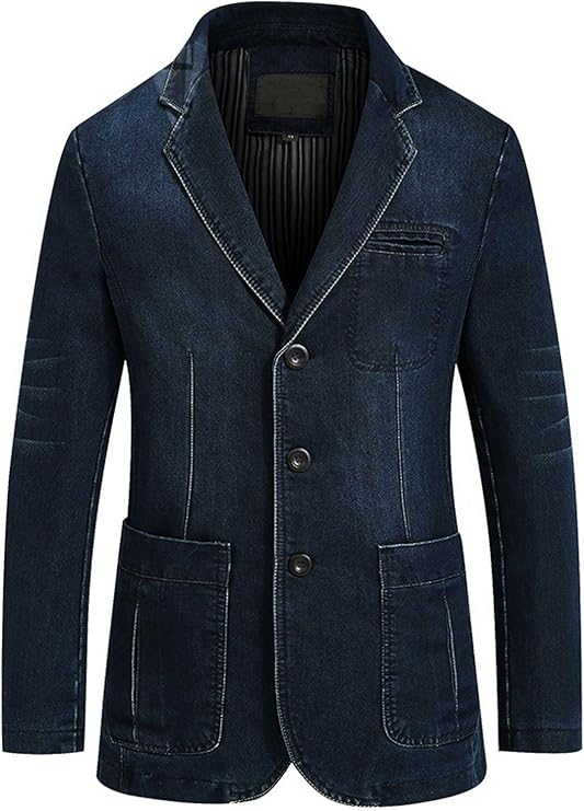 Chouyatou Men’s Classic Distressed Denim Blazer – Notched Collar 3-Button Tailoring Jacket for Casual & Workwear