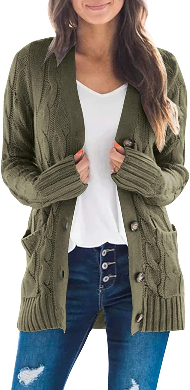 MEROKEETY Women's Long Sleeve Cable Knit Open Front Cardigan Button Loose Outerwear Sweater - XL, Army Green