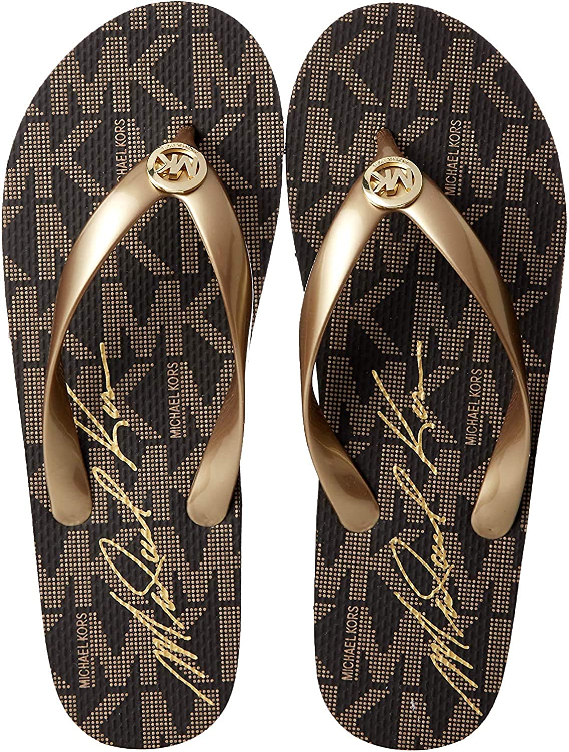 Michael Kors Women's MK Flip Flop Gold/Black Logo 8 M, SIze 7