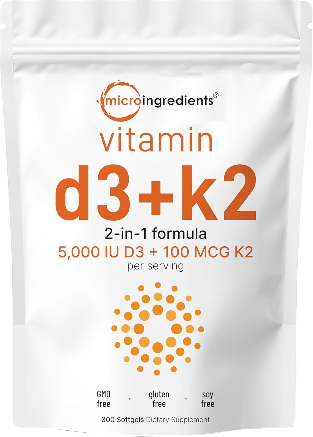 Micro Ingredients Vitamin D3 5000 IU with K2 100 mcg, 300 Soft-Gels