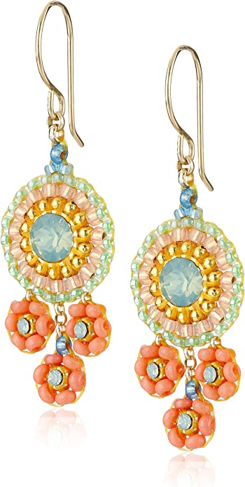 Miguel Ases Coral and Swarovski Triple Circle Small Drop Earrings