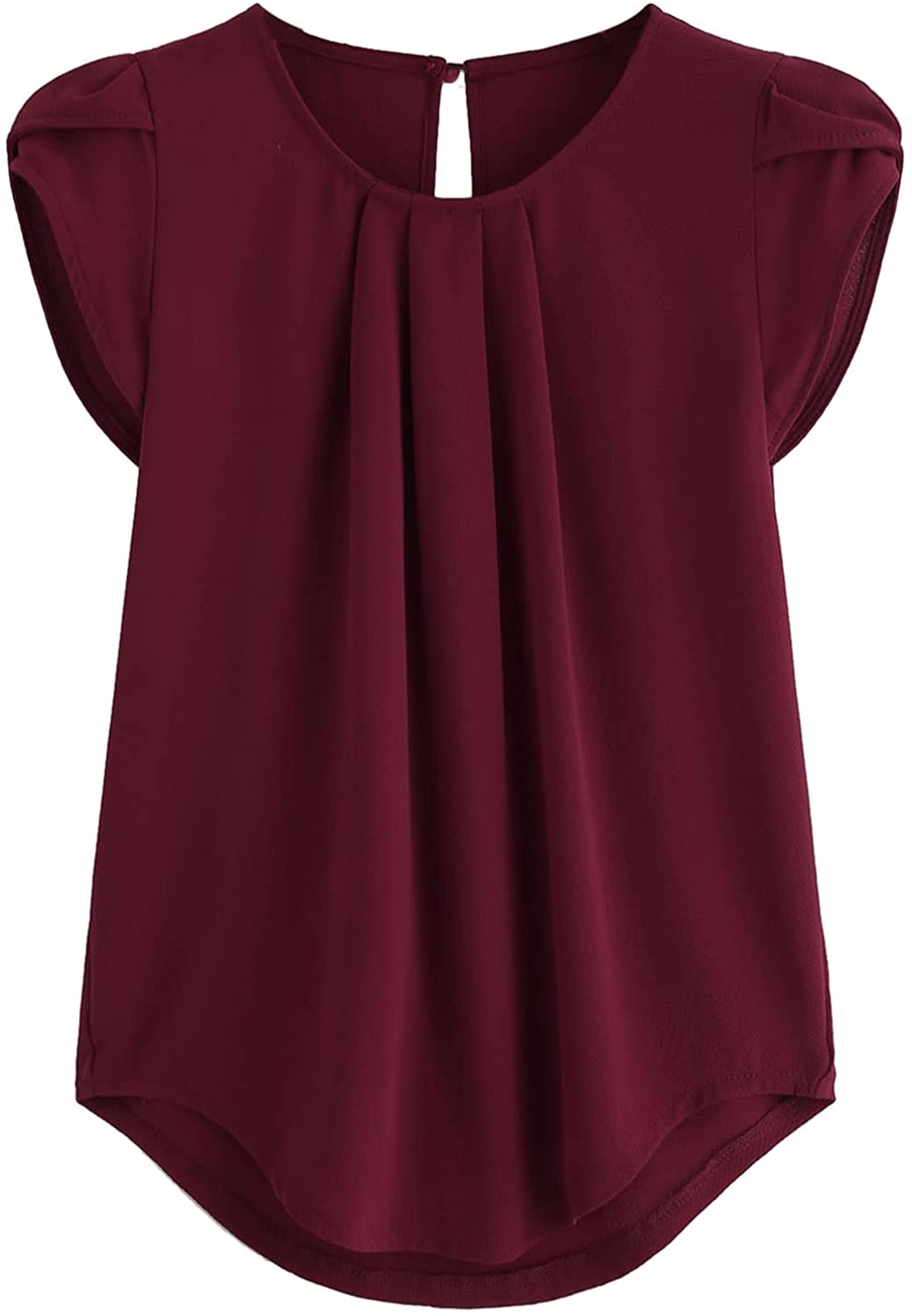Milumia Women's Casual Round Neck Basic Pleated Top Cap Sleeve Curved Keyhole Burgundy Blouse - X-Large