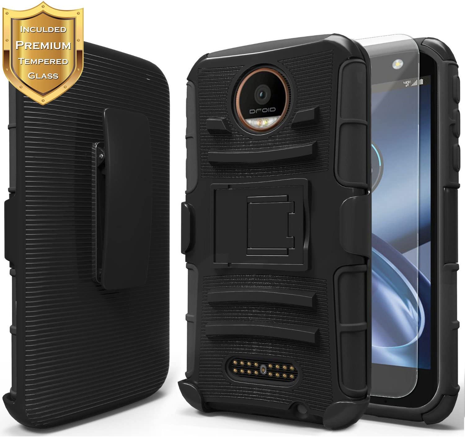 Moto Z Play Case with Tempered Glass Screen Protector, NageBee Belt Clip Holster Built-in Kickstand