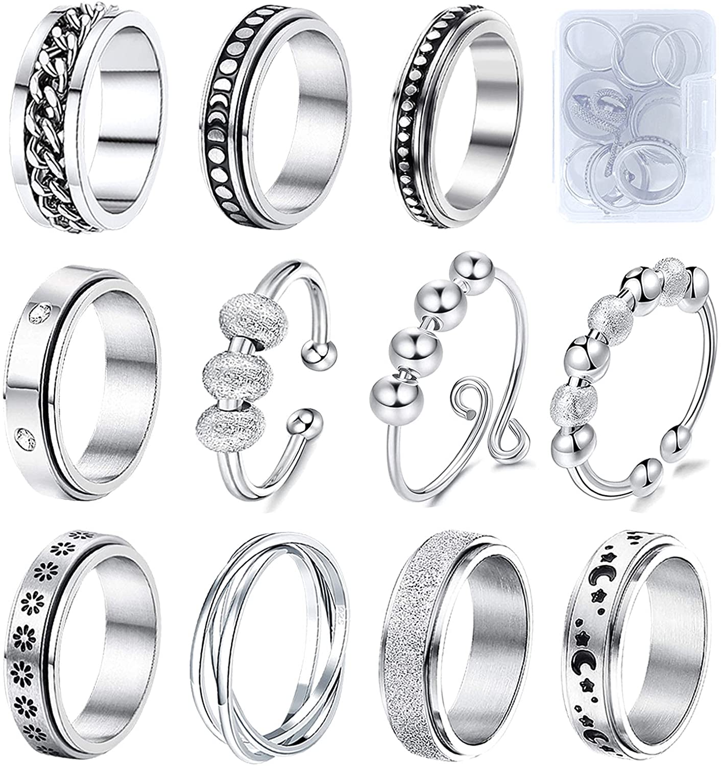 MUCAL Fidget Stainless Steel Spinner Rings for Anxiety, Cool Stress Relieving Rings for Women - (Silver, 8)