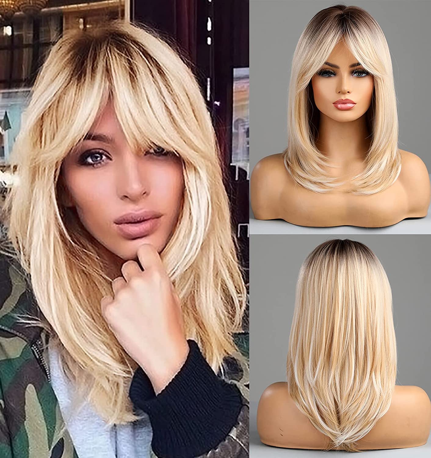 Natural Straight Synthetic, Shoulder Length Wigs Mixed Blonde Wig with Highlight Layered Hair Cut - Warm Light Blonde