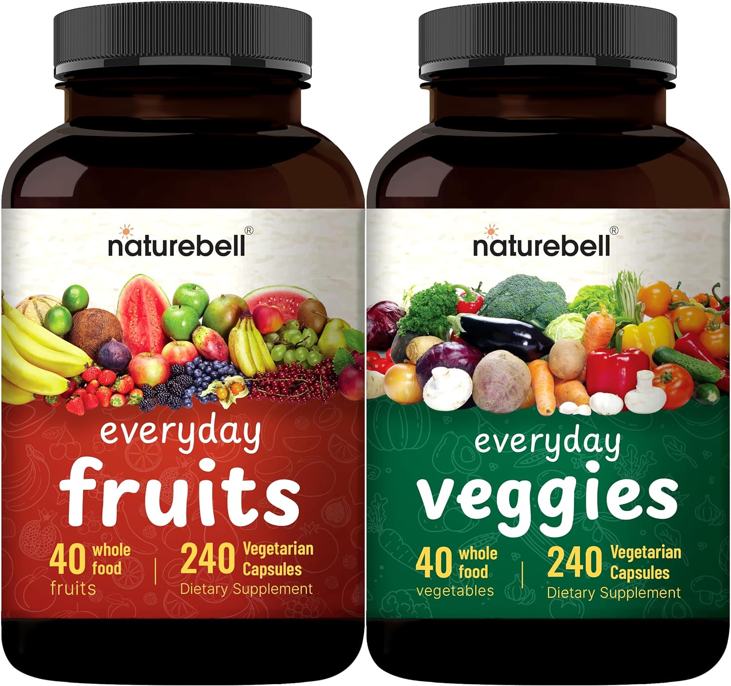 NatureBell Fresh Superfood Formula - 480 Vegetarian Capsules with 40 Fruits & Veggies | Vegan, Non-GMO Supplements