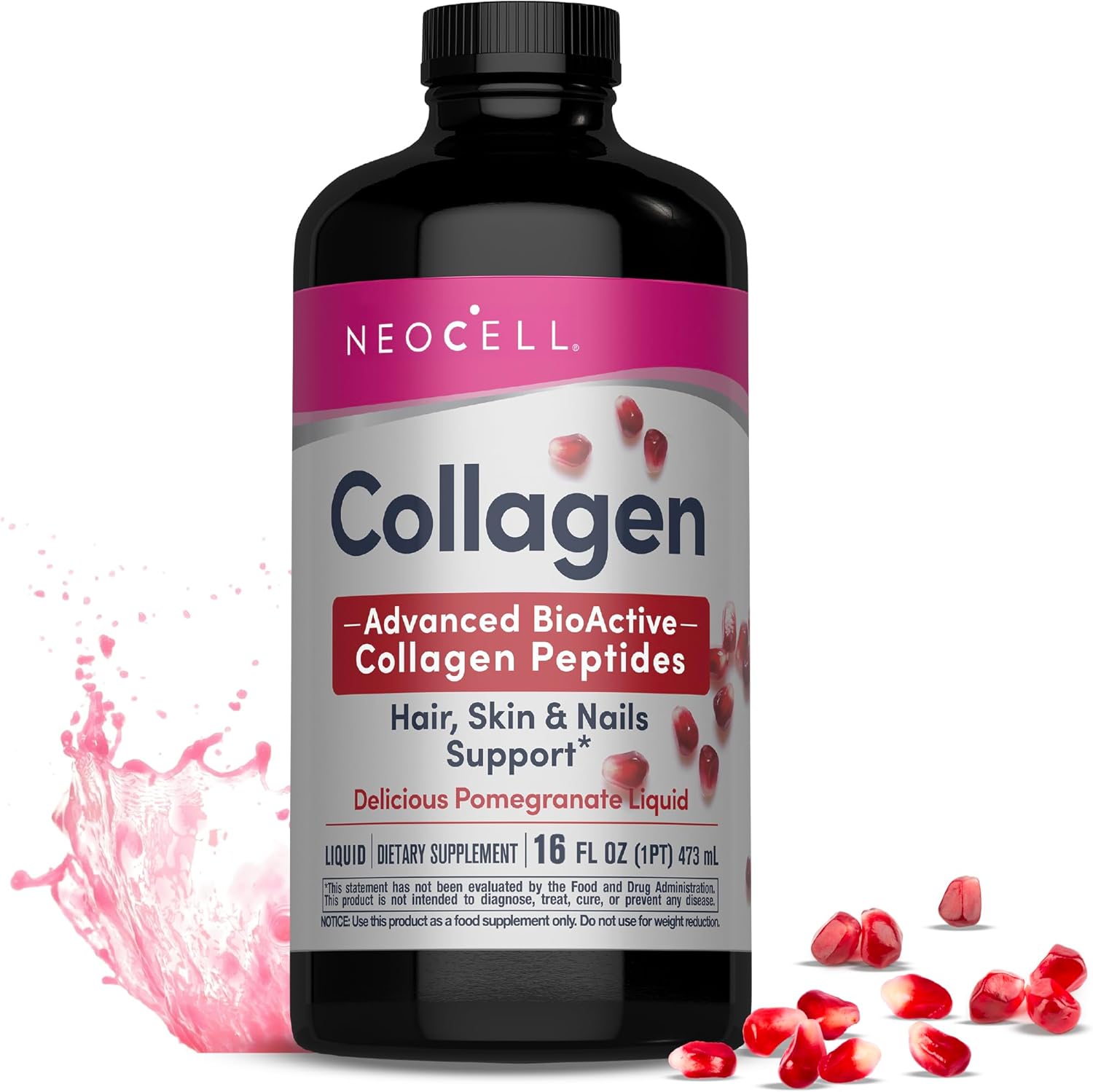 NeoCell Liquid Collagen Supplement - 16 oz Pomegranate Flavor | with Hyaluronic Acid & Fruit Juices for Skin, Hair, Nails & Joint Support