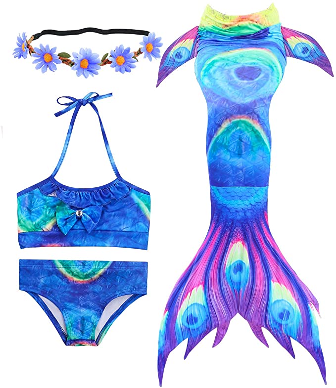 Newland 4 Pcs Girls Swimsuit Mermaid Tails for Swimming Princess Bikini Bathing Suit Set, 10-Years, Blue