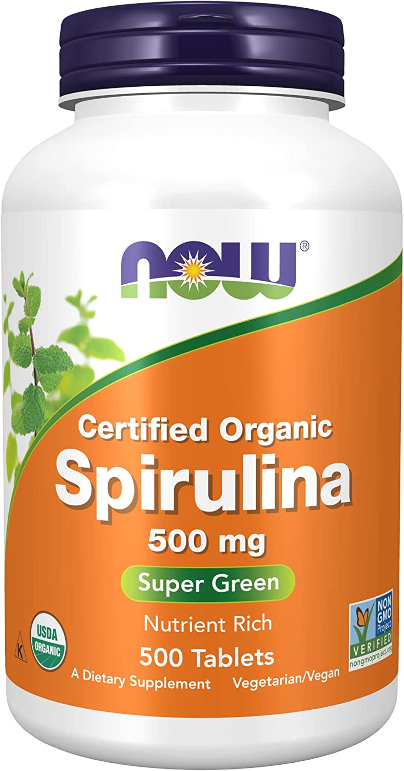 NOW Foods Organic Spirulina 500 mg — Whole-Food Multinutrient Tablets with Vitamins, Minerals & GLA, 500 Count