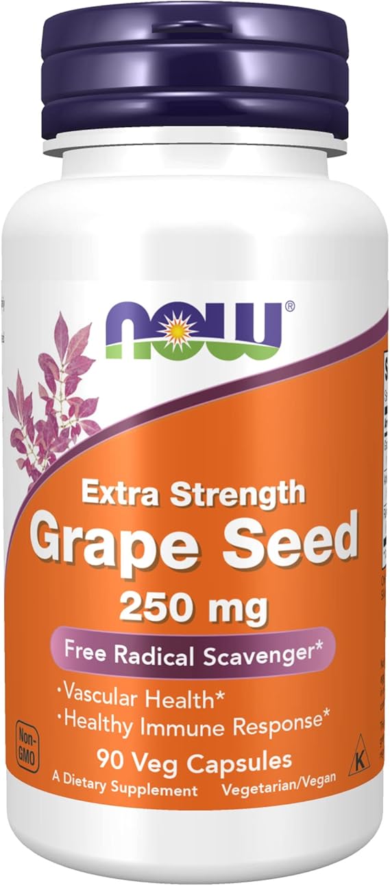 NOW Supplements, Grape Seed (a Highly Concentrated Extract with a Minimum of 90% Polyphenols) Extra Strength 250 mg, 90 Veg Capsules