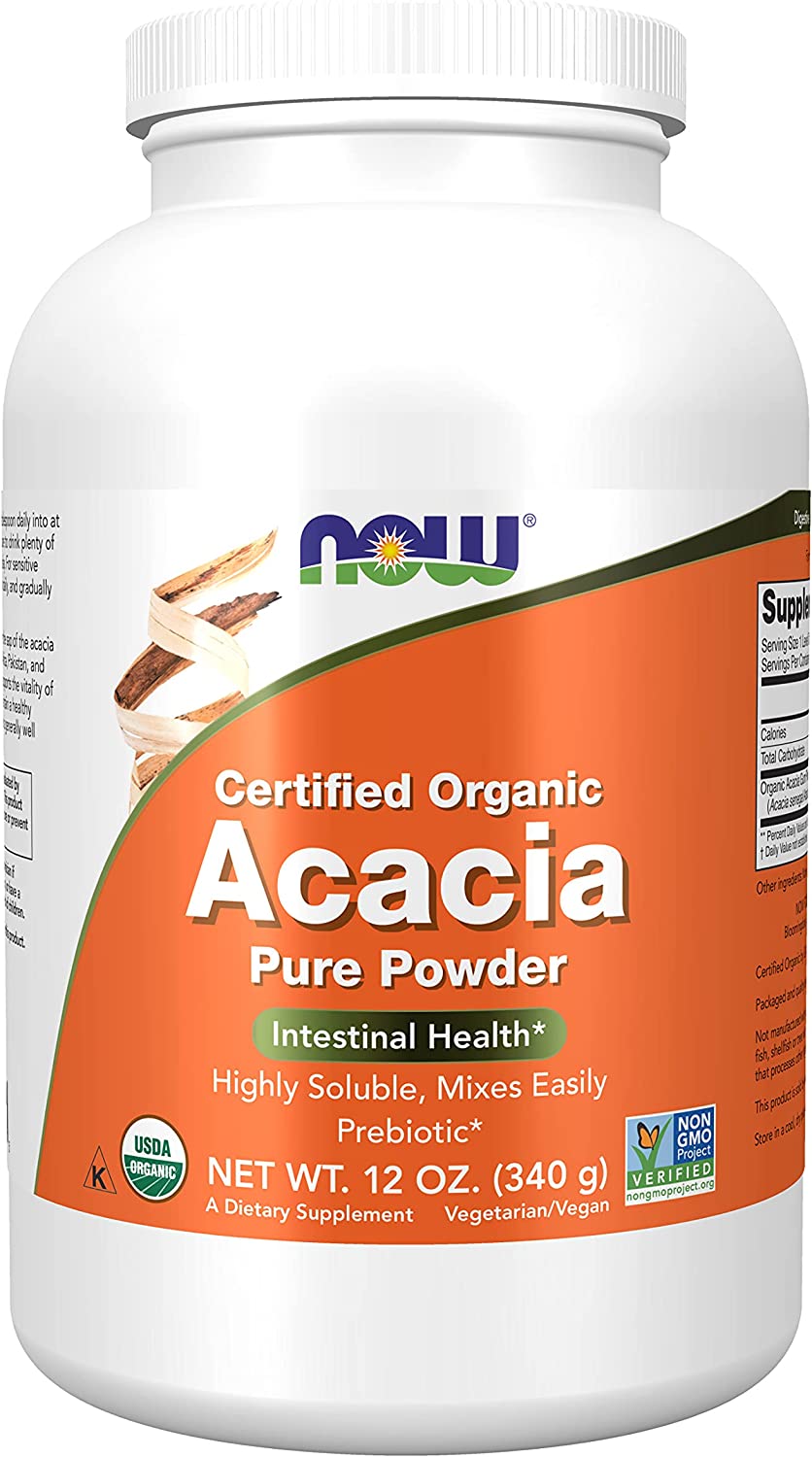 NOW Supplements, Acacia Pure Powder, Certified Organic, Highly Soluble, Mixes Easily, Intestinal Health - 12 Oz (340g)