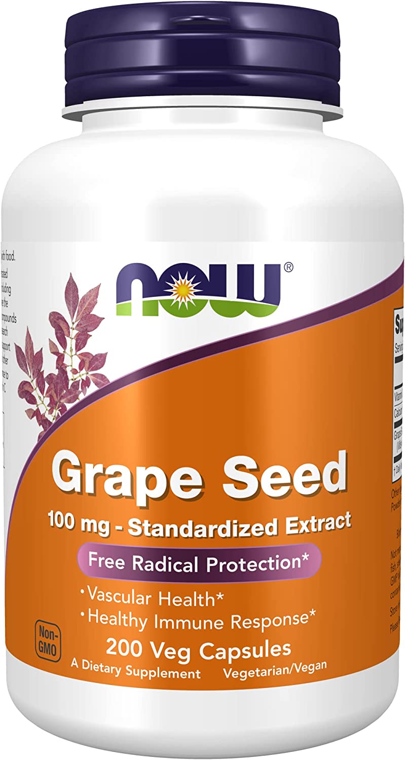 NOW Supplements, Grape Seed 100 mg - Standardized Extract, Highly Concentrated Extract with a Minimum of 90% Polyphenols, with Vitamin C - 200 VCaps