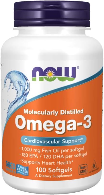 NOW Supplements Omega-3 180 EPA / 120 DHA - 100 Softgels | Molecularly Distilled Fish Oil for Cardiovascular, Brain & Joint Health Support