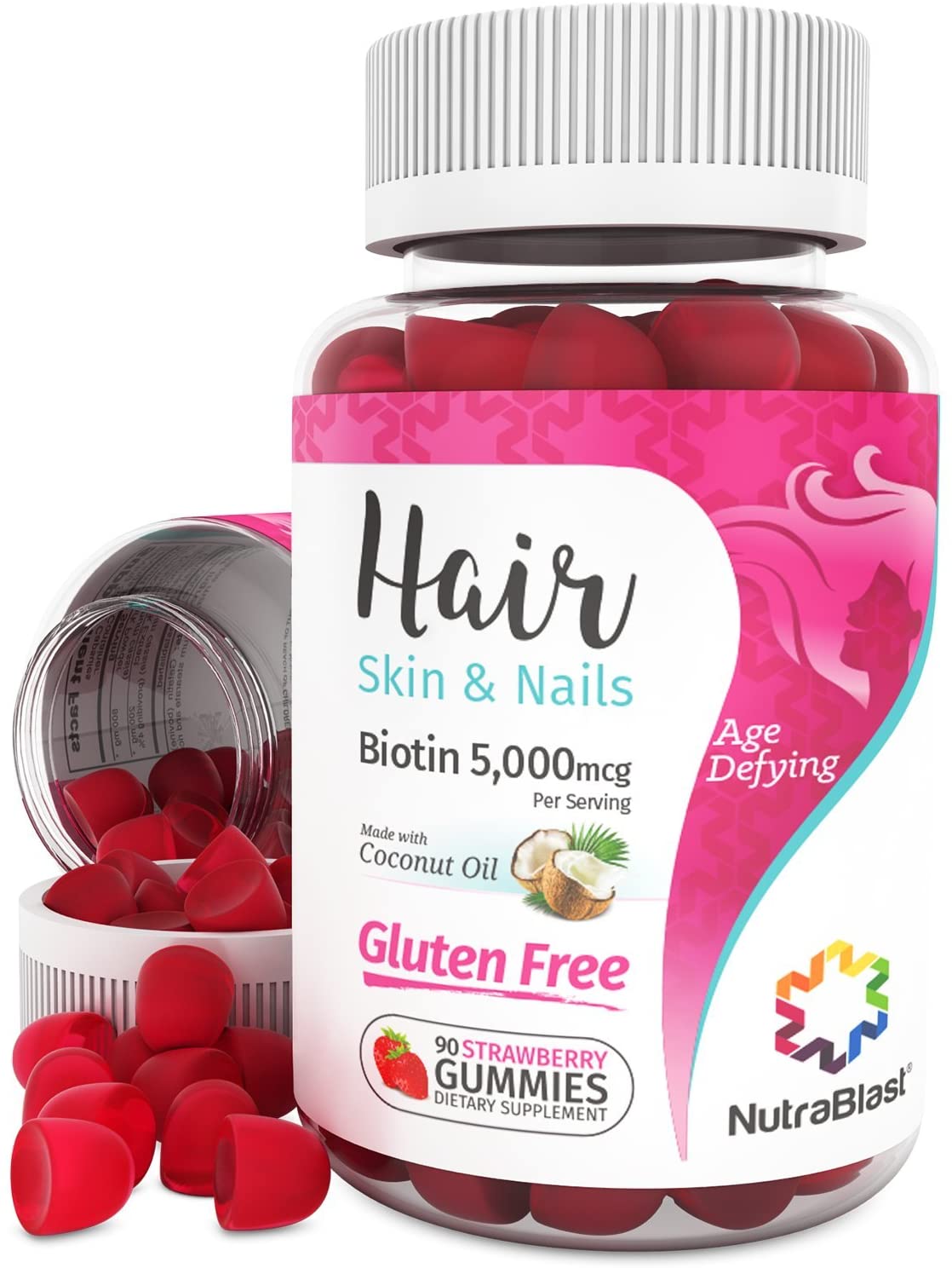NutraBlast Biotin 5000 mcg Enhanced with Coconut Oil - Hair, Skin and Nails Vitamins - 90 Strawberry Gummies