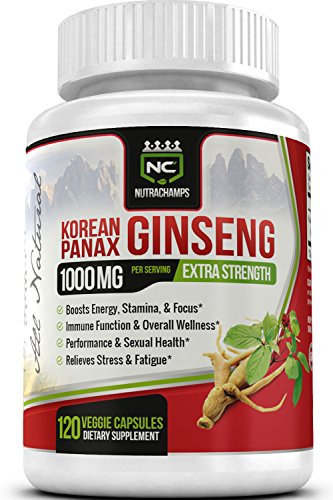 NutraChamps Korean Red Panax Ginseng 1000mg - 120 Vegan Capsules Extra Strength Root Extract Powder Supplement w/ High Ginsenosides for Energy, Mental & Sexual Health Pills for Men & Women