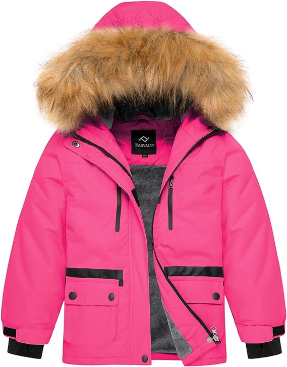 FARVALUE Girls Waterproof Ski Jacket with Hood, Windproof Winter Coat for Girls with Warm Fleece Lining, in Rose Color