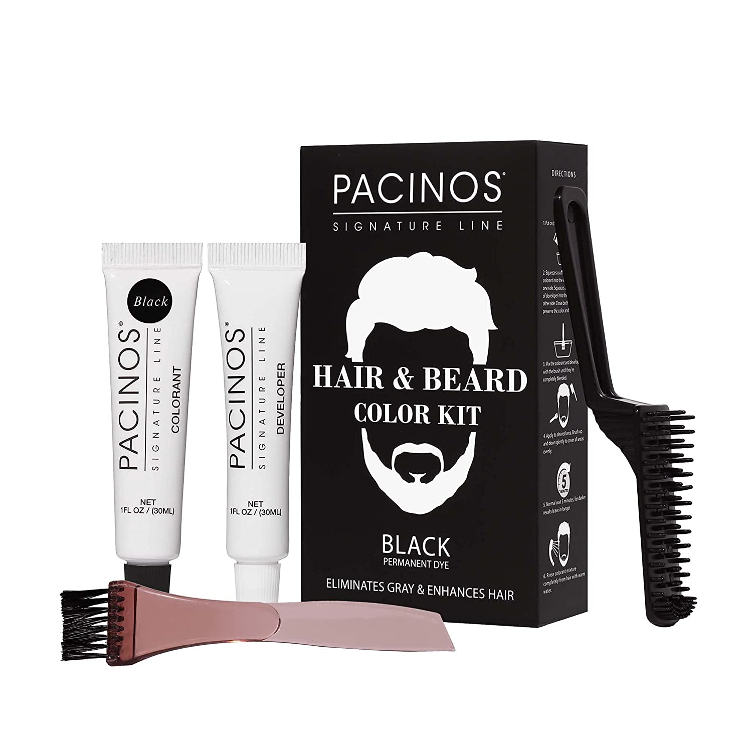 Pacinos Men's Hair & Beard Color Kit for Moustache & Beard, Black - 1 Fl Oz (30ml)