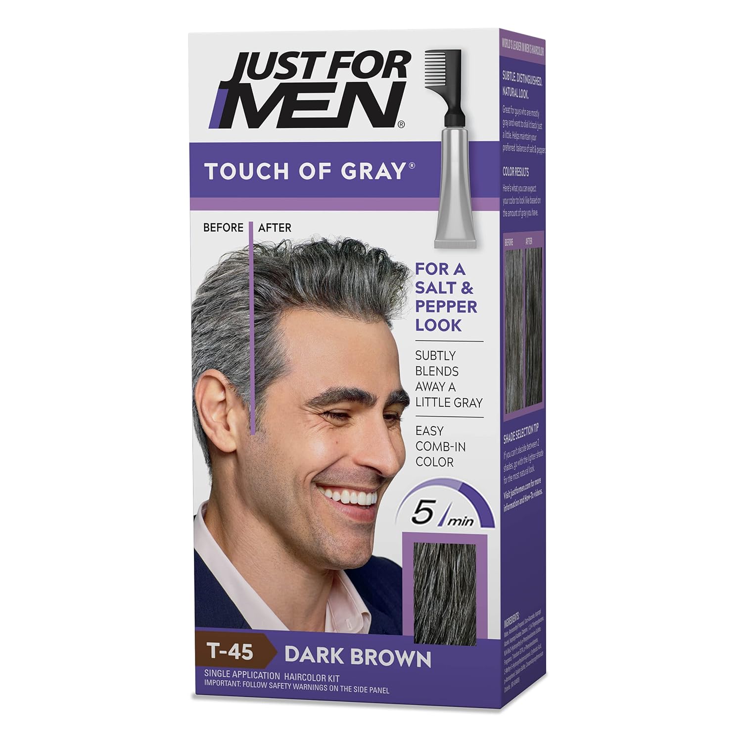 Just For Men Dark Brown Hair Color Touch of Gray, T-45 Dark Brown Hair Color for men with Comb Appli