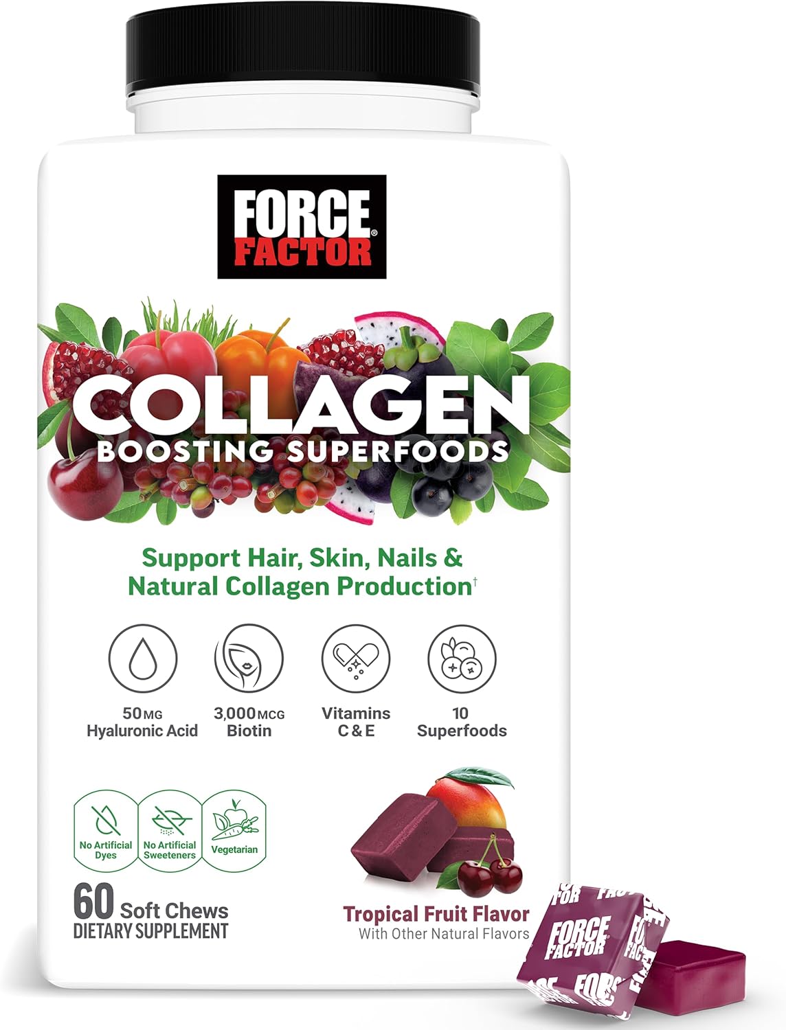 Force Factor Collagen Boosting Superfoods – Vegan Collagen + Vitamin C, Biotin & Hyaluronic Acid – Hair, Skin & Nail Support | 60 Soft Chews (Imported USA)