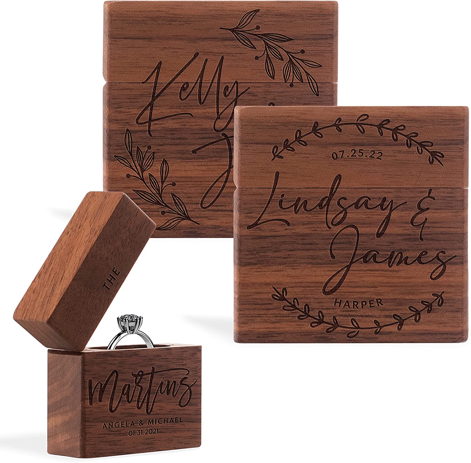 Personalized Wooden Ring Box, Wooden Square Ring Box for Wedding Ceremony, 8 Designs, Customize Names