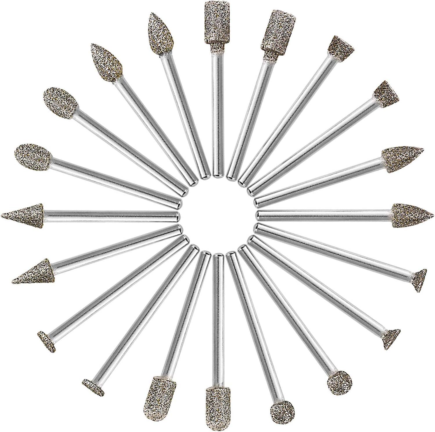 GOXAWEE Diamond Burr Set: 20Pcs 60 Grit Engraving Bits with 1/8-Inch Shank