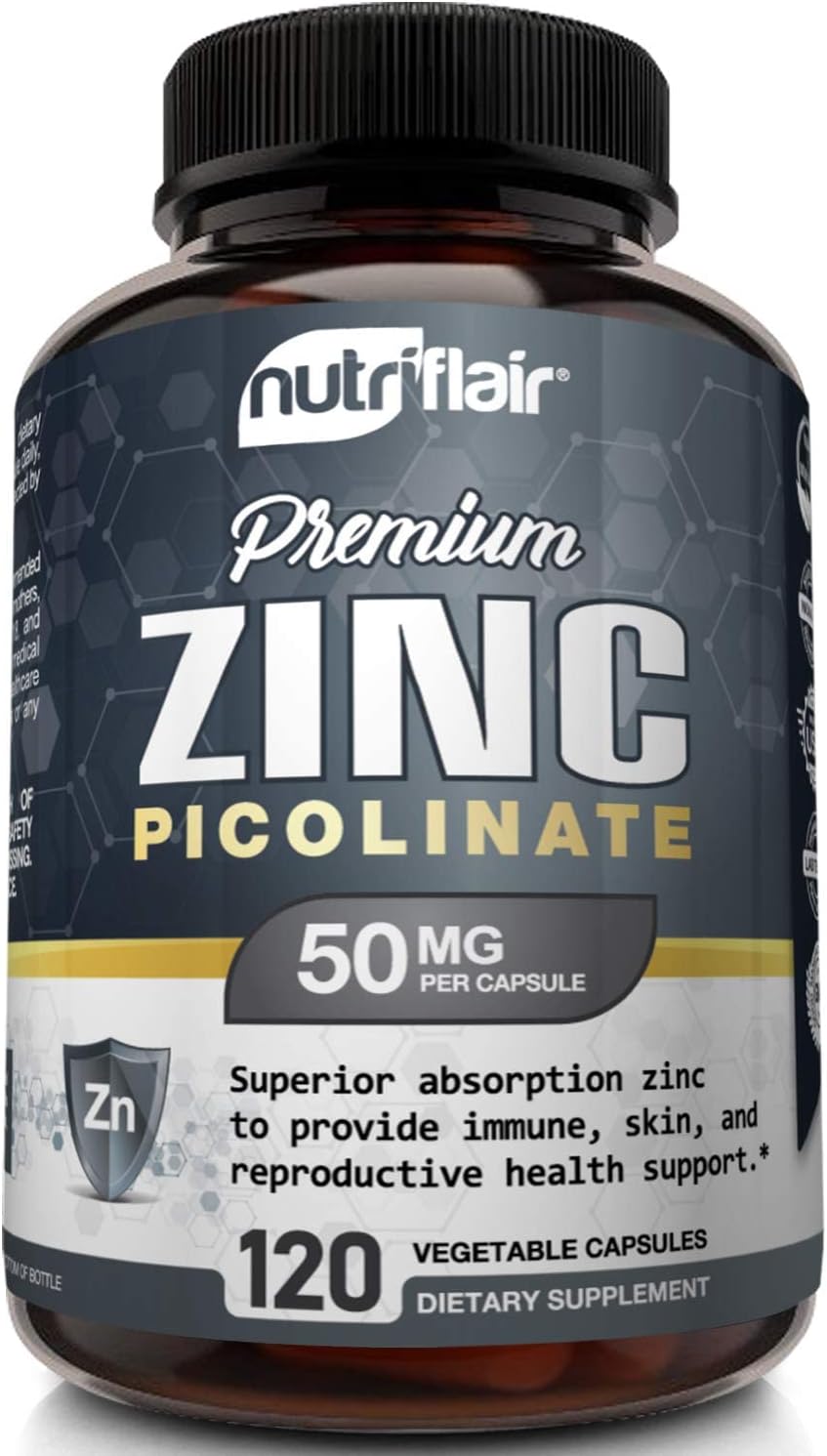 Premium Zinc Picolinate 50mg Supports Respiratory Health, Immune System, Skin, Bone Strength 120 Capsules