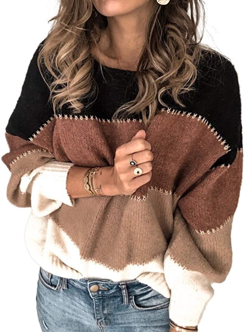 PRETTYGARDEN Women’s Fashion Long Sleeve Striped Color Block Knitted Sweater Crew Neck Loose Pullover Jumper Tops