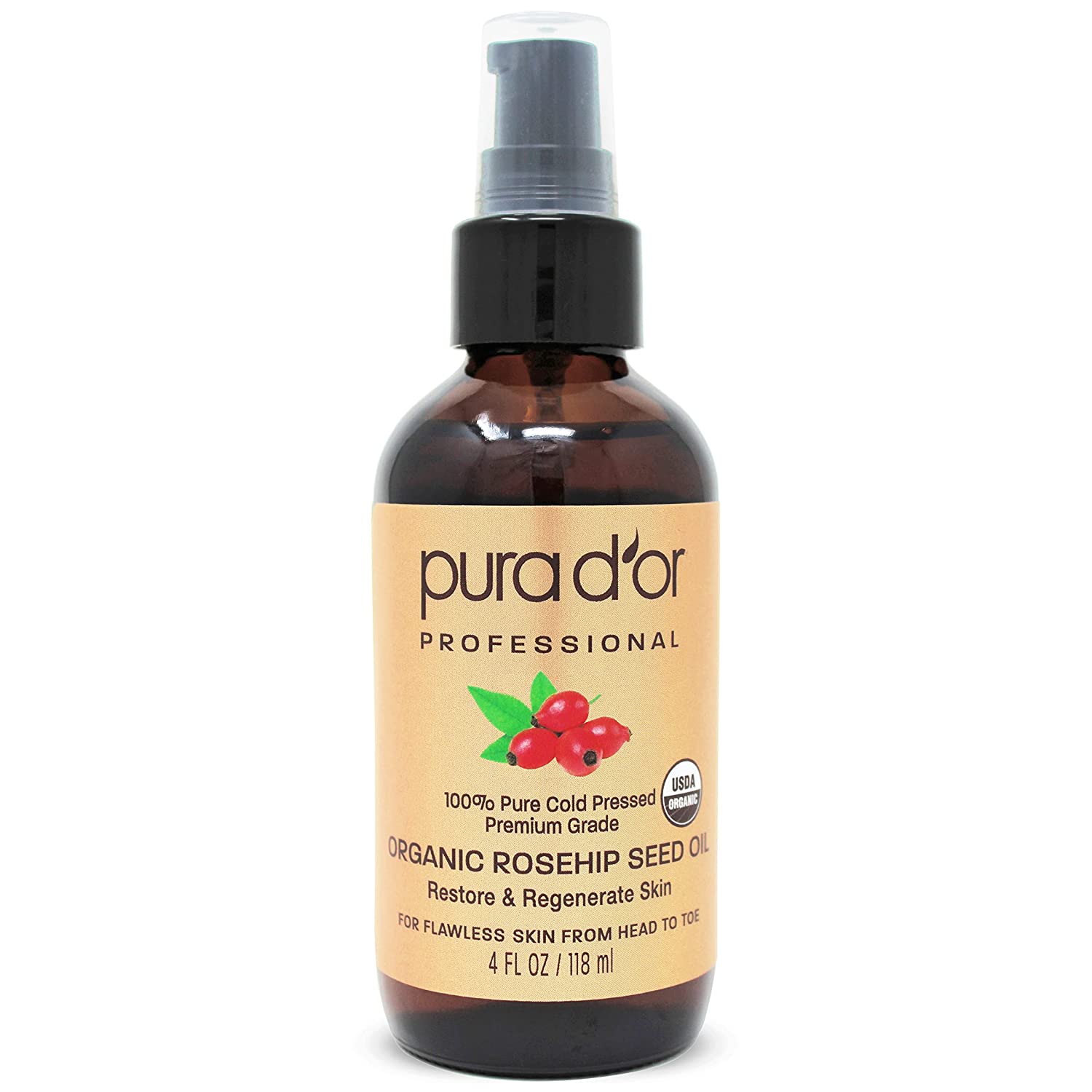 PURA D'OR Rosehip Seed Oil 100% Pure & USDA Organic For Face, Hair, Skin & Nails, 4 Fl.Oz (118ml)