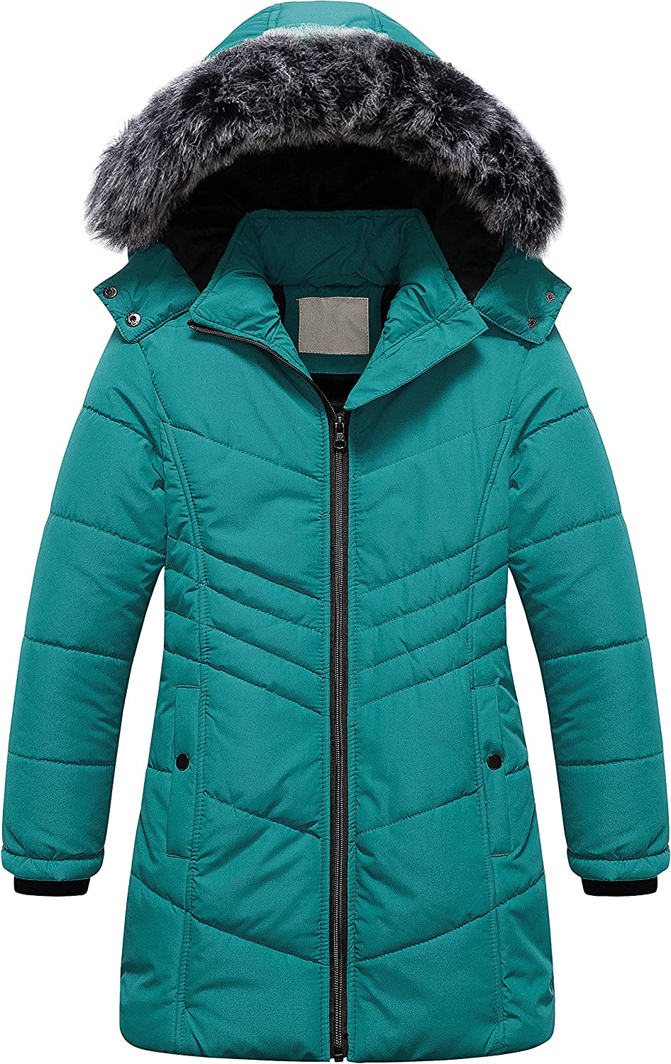 Pursky Girls' Warm Winter Long Coat, Waterproof Puffer Jacket With Removable Hood, 8-9y - Dark Green