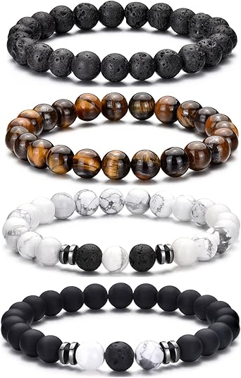 RANKEEF 8MM Tiger Eye Bracelet for Men - Natural Stone Stretch Adjustable Black Crystal Beaded Jewelry for Unisex