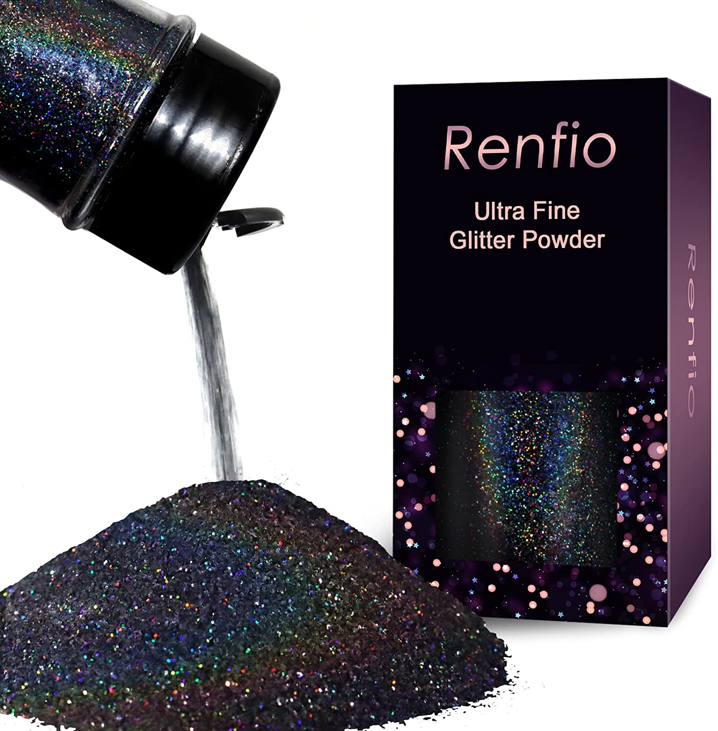 Renfio Holographic Ultra Fine Glitter Powder Epoxy Chips Flakes for Tumblers Slime 1.75 Oz (50g) - Laser Black