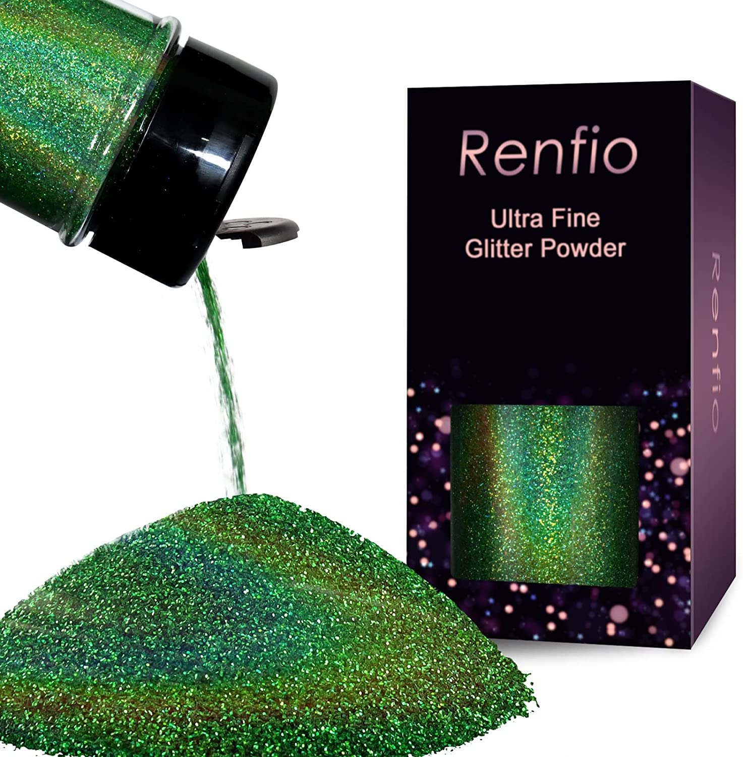 Renfio Holographic Ultra Fine Glitter Powder Epoxy Chips Flakes for Tumblers Slime 1.75 Oz (50g) - Laser Green