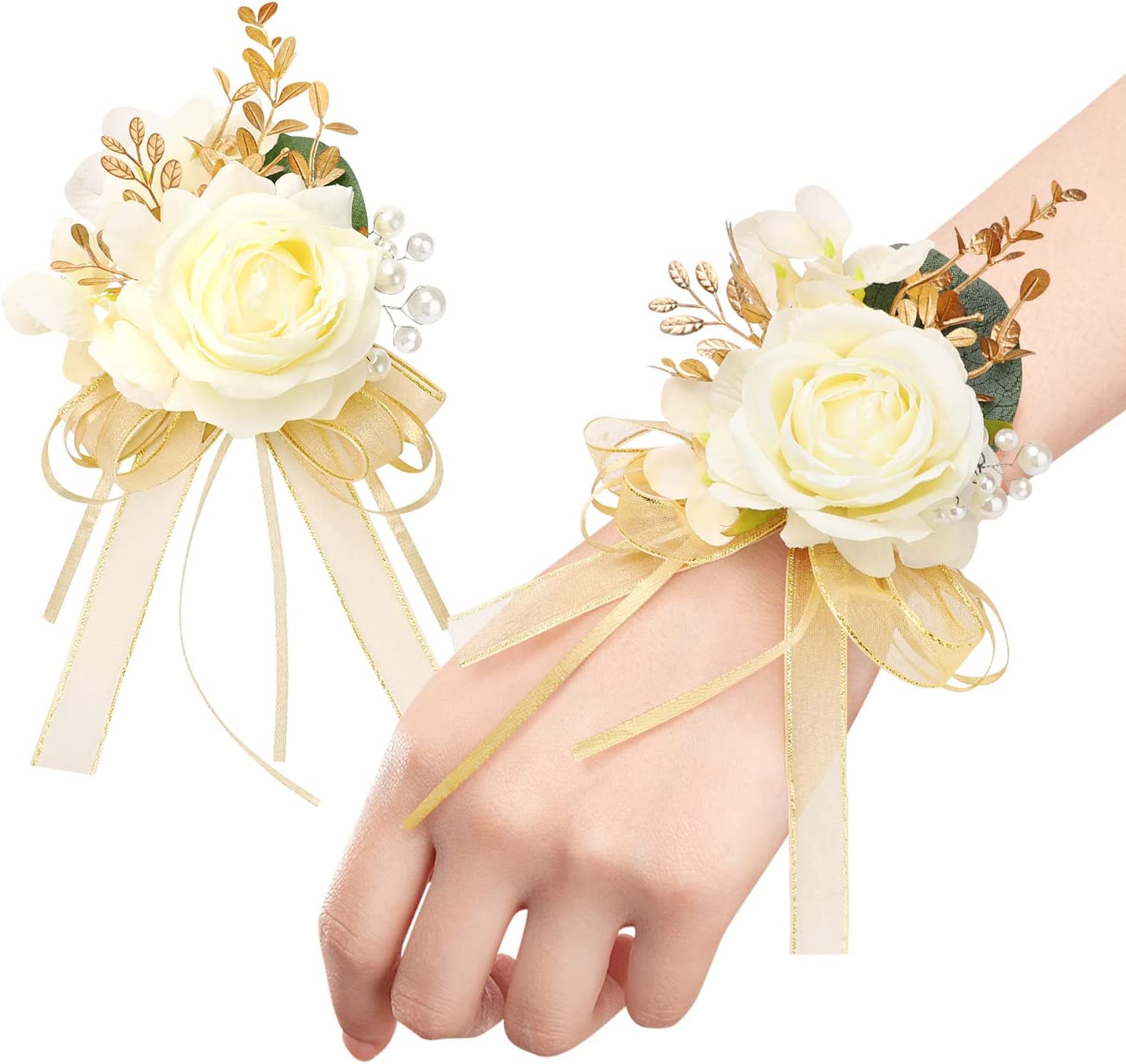 Rose Wrist Corsage and Boutonniere Set for Wedding Decorations Prom Ceremony Accessories - Champagne