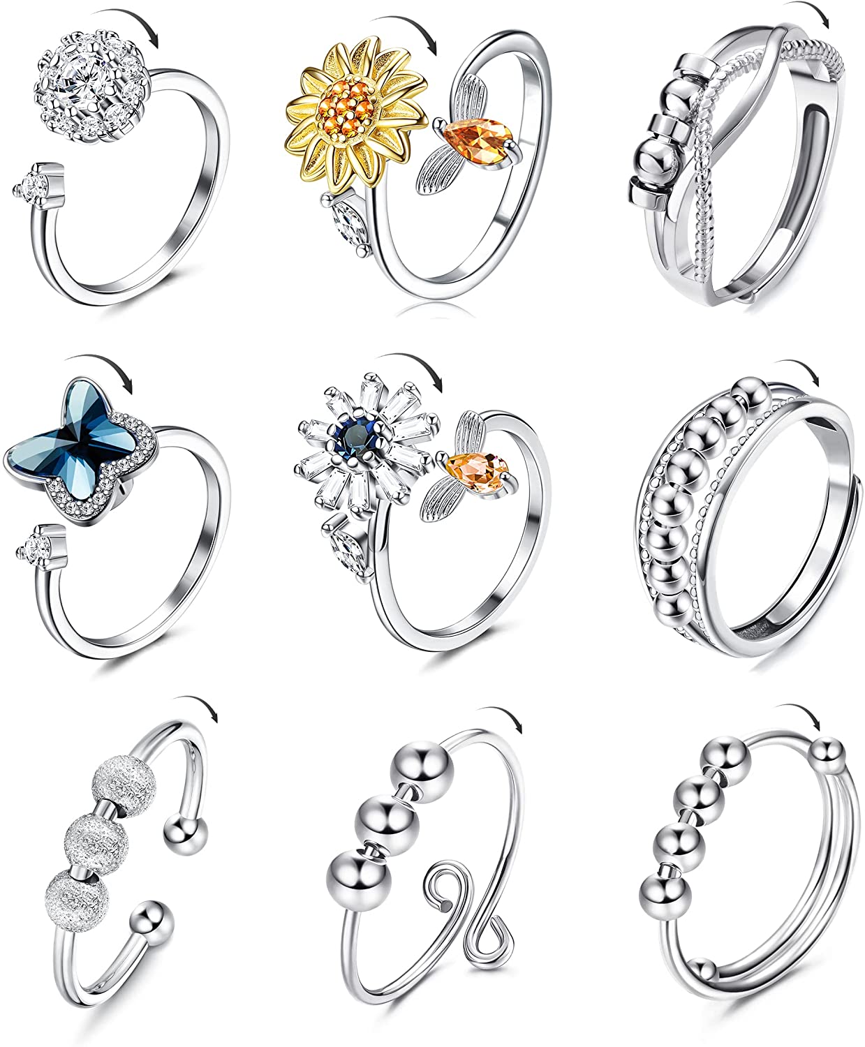 Sailimue Fidget Anxiety Spinner Fidget Rings for Women Adjustable Cubic Zirconia 9Pcs Set with Box