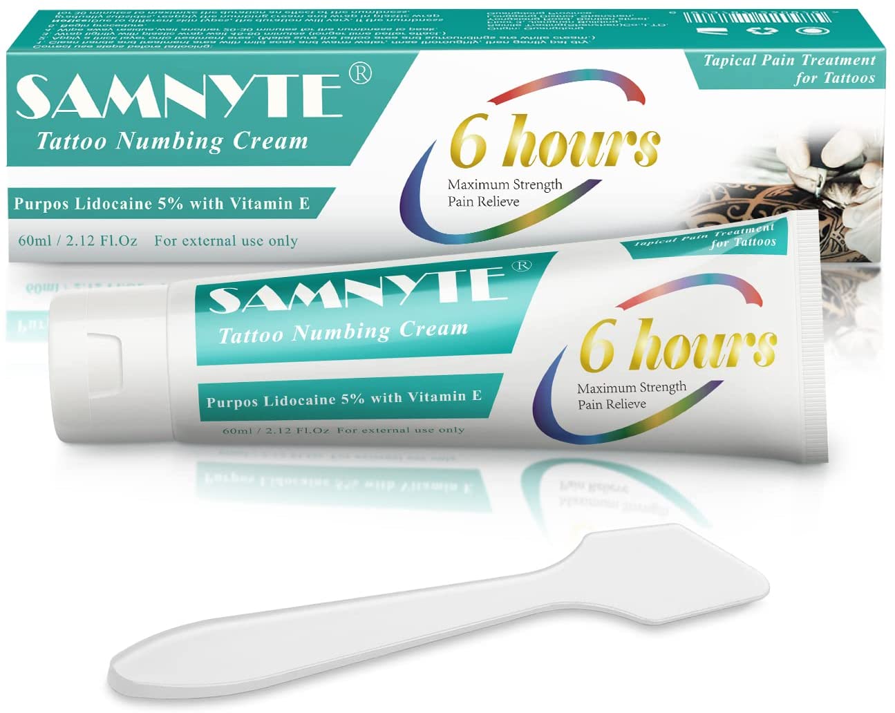 Samnyte Tattoo Numbing Cream with 5% Lidocaine & Vitamin E | 6 Hrs Max Strength Pain Relieve - 2.12 Fl.Oz (60 ml)