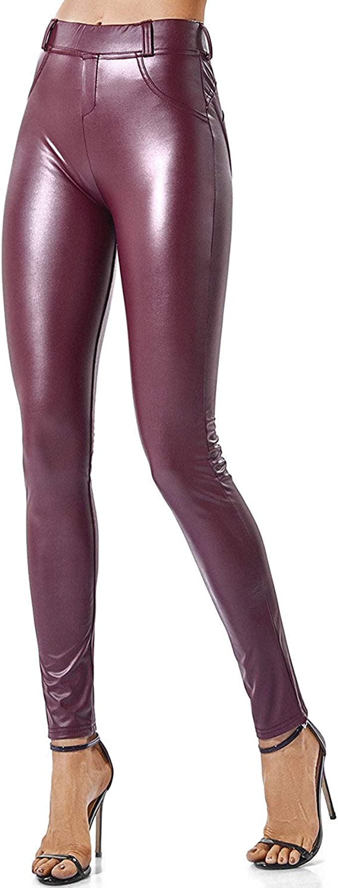 SEASUM Women's Faux Leather Leggings Pantsm, Sexy Stretchy High Waisted Tights, Small - Wine