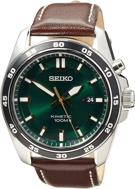 Seiko Kinetic Gents Watch - Casual Lifestyle, Green Dial, Brown Leather Strap, SKA791, 100m Water Resistant