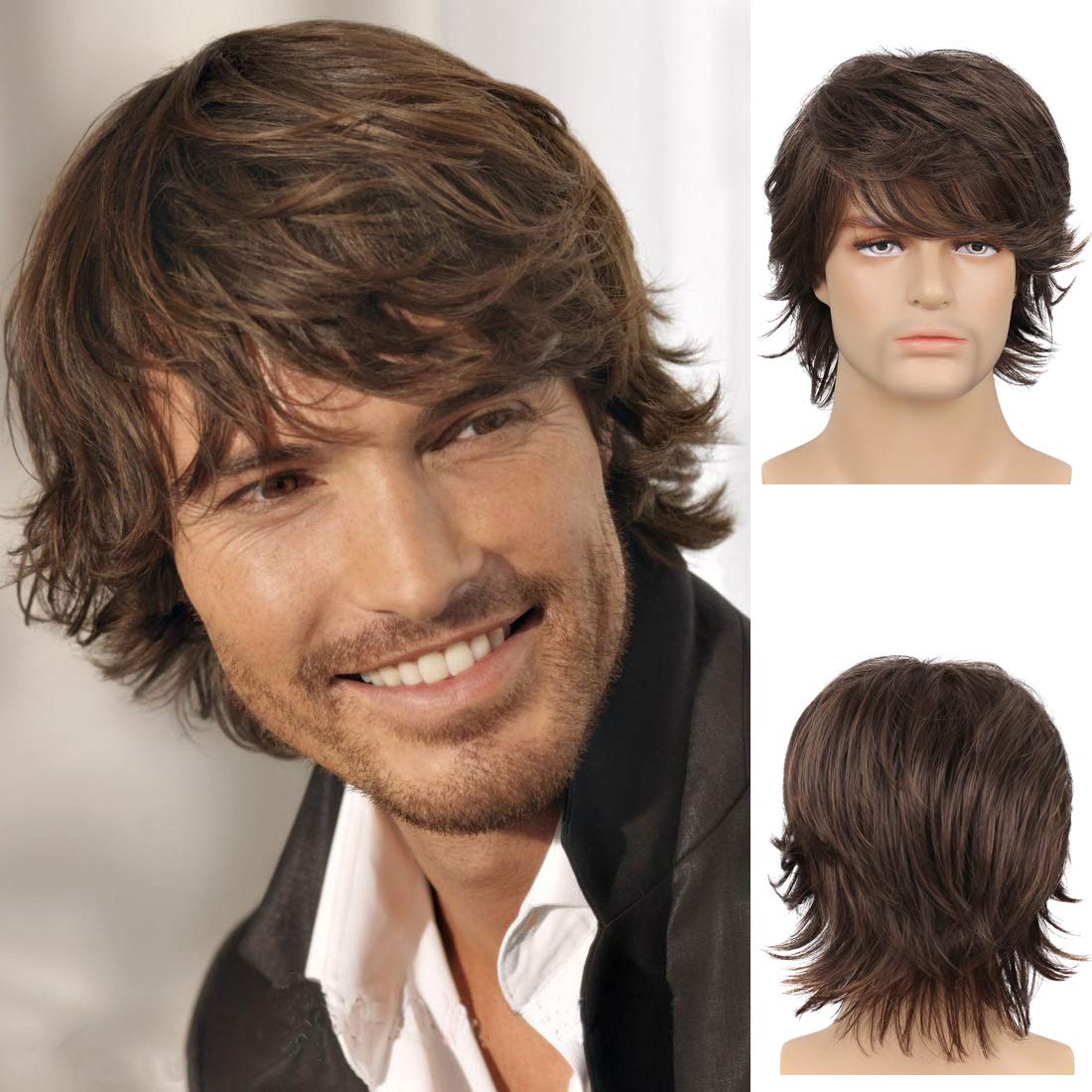 Short Brown Wig for Men, Layered Natural Fluffy Synthetic Hair Wig Halloween Cosplay with Wig Cap - Y48-Brown