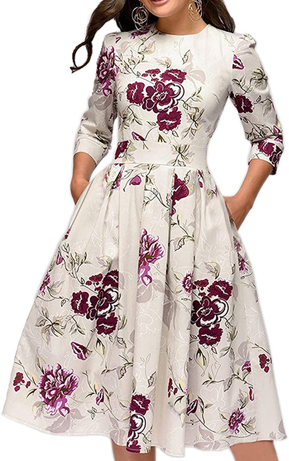 Women's Floral Vintage Dress Elegant Midi Evening Dress 3/4 Sleeves - 14Oz (408g)