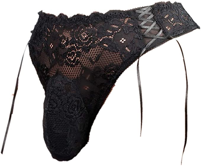 Sissy Pouch Panties Men's Silky lace Thong Briefs Bikini Underwear for Men, 3X, Black