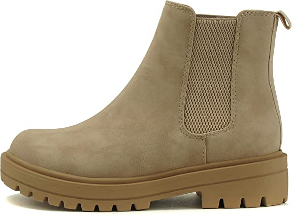 Soda Pilot ~ Women Lug Sole Low Heel Chelsea Fashion Ankle Bootie - Beige