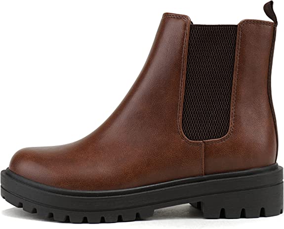 Soda Pilot ~ Women Lug Sole Low Heel Chelsea Fashion Ankle Bootie - ognac/Brown