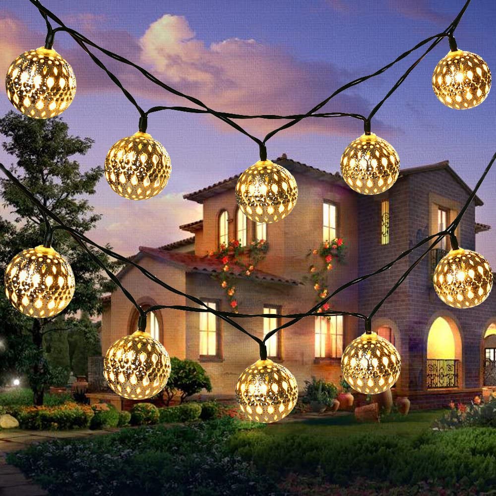 Solar Powered Goodia Outdoor Fairy LED Lights, Moroccan Globe String 30 LED Lights for Wedding, Bedroom Window, Garden Patio Decorations - Warm White