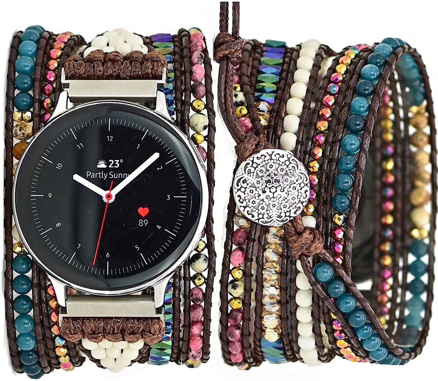 Somesame Compatible with Samsung Galaxy Watch 4 40mm 44mm Band/Active 2, Galaxy Watch 3 41mm/Watch 4 Classic 42mm 46mm/Watch 42mm, 20mm Boho Beaded 5 Wraps Chakra Bracelet Watch Strap for Women