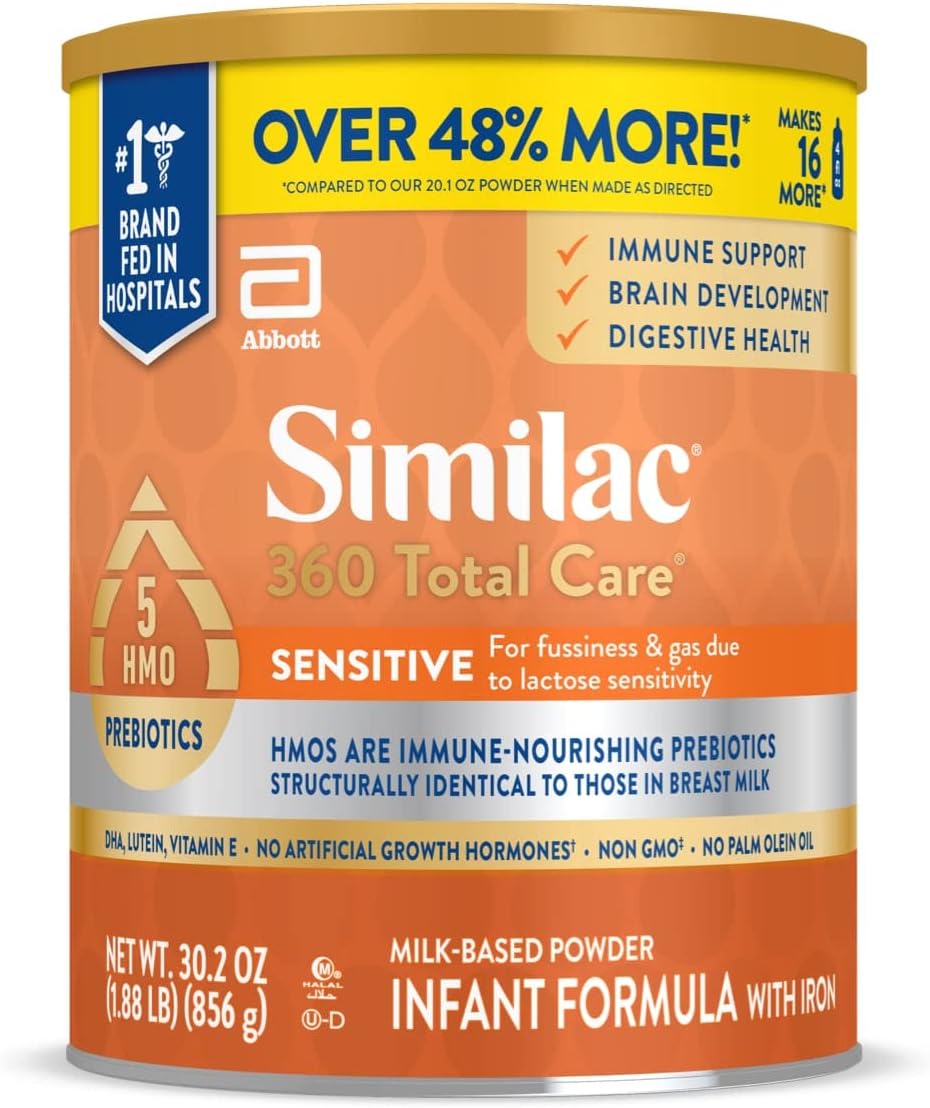 Gentle and Nourishing Similac 360 Total Care Sensitive Infant Formula for Lactose Sensitivity, Fussiness & Gas, Enriched with 5 HMO Prebiotics, Non-GMO Baby Formula Powder in a Convenient 30.2-oz Can