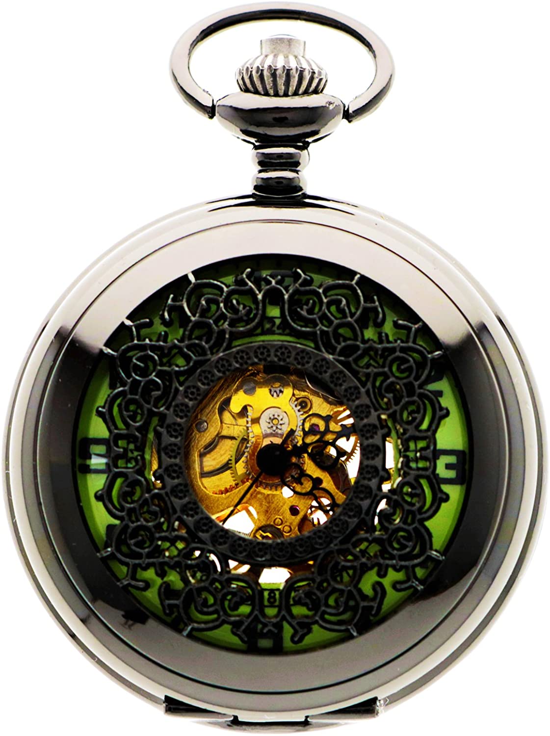 Steampunk Classic Vintage Roman Letters Design Case Mechanical Pocket Watch with Chain - Green
