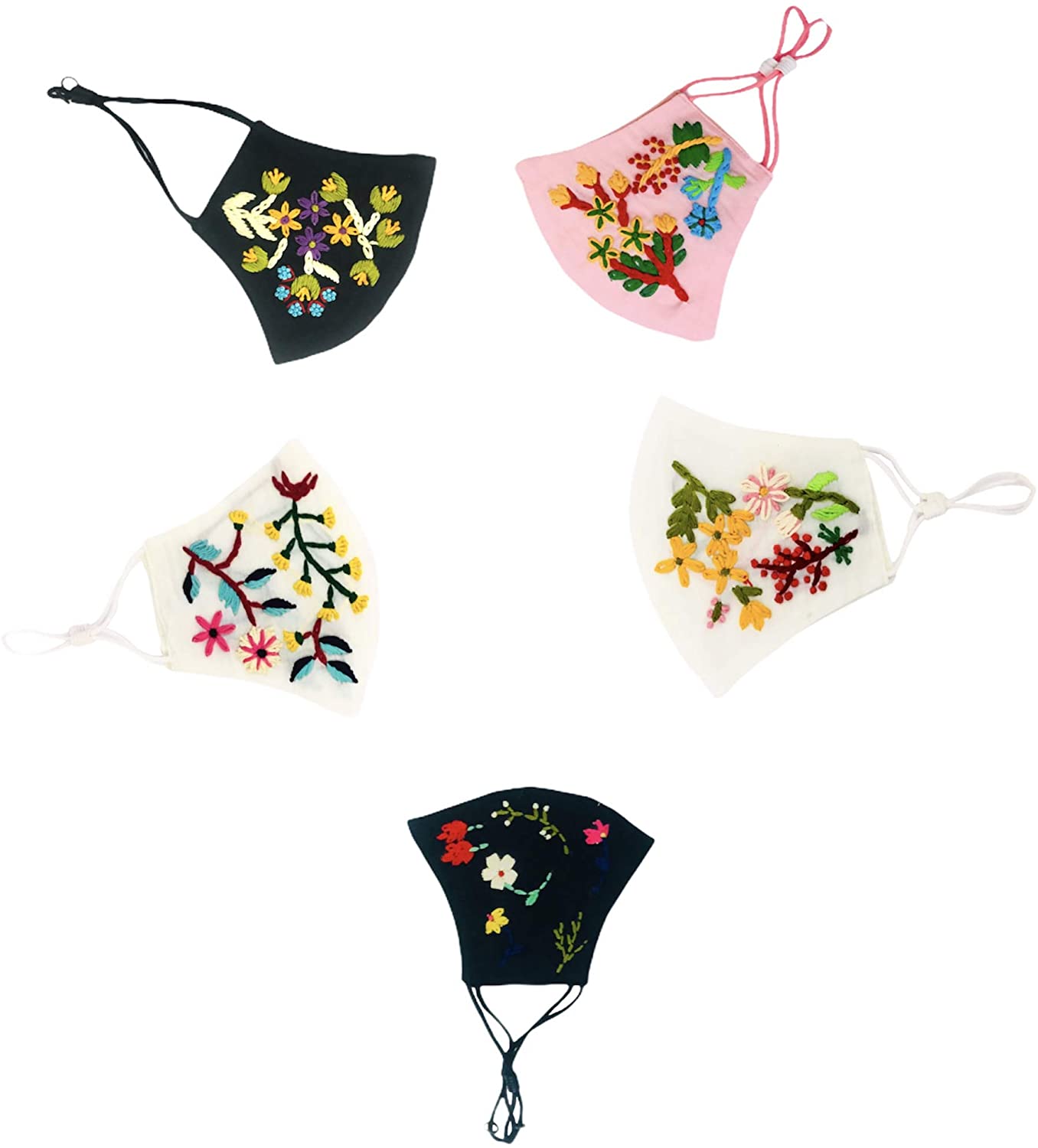 Tam Creatio 100% Cotton Hand Embroidered Floral Face mask, Pack of 5, Random Designs Mask